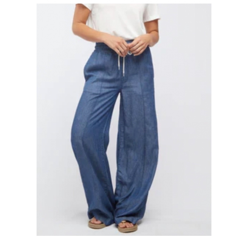 Oliver Logan Blue Tencel Linen Wide Leg Drawstring Pants Small Coastal Chambray